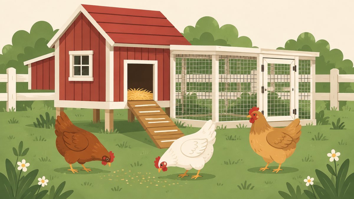 Flat illustration of a small red-roofed chicken coop with a ramp, a fenced run and three hens on green grass