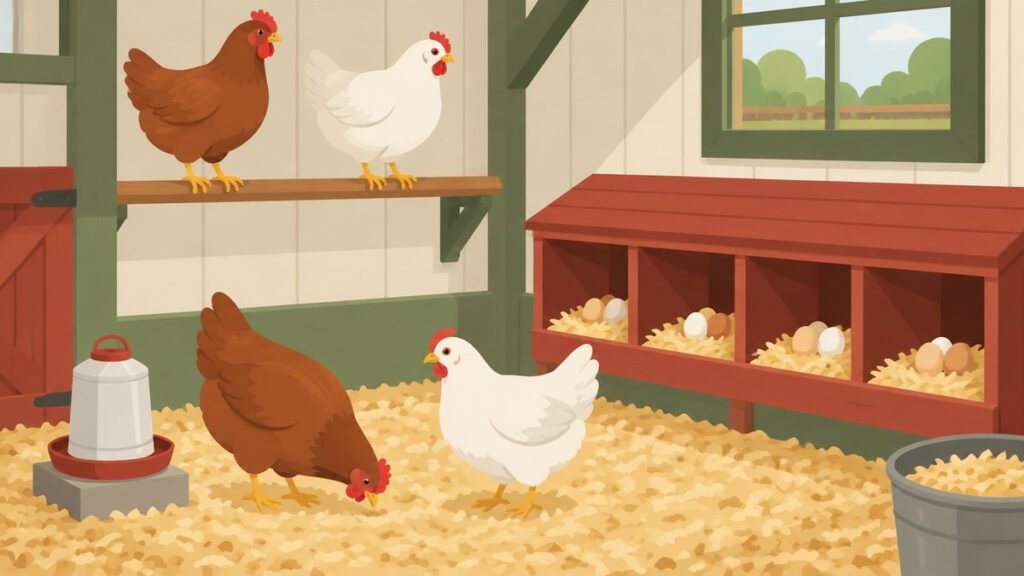 Flat illustration of the inside of a chicken coop showing a wooden roost bar, a row of nest boxes and a layer of shavings on the floor